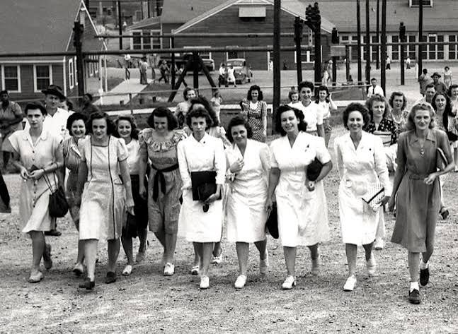 Women workers walking together at an Oak Ridge site during the atomic era